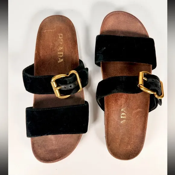 PRADA Black Velvet Flat Slide Sandals