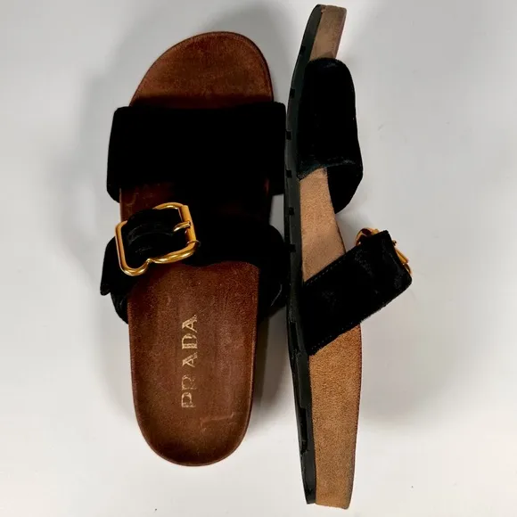 PRADA Black Velvet Flat Slide Sandals