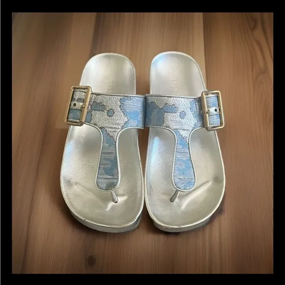 Prada Blue and Silver Brocade and Leather Sandals Size 35.5/5.5