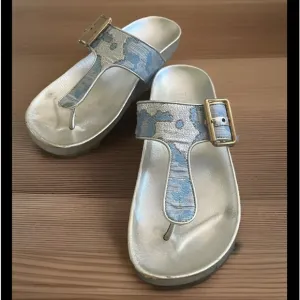 Prada Blue and Silver Brocade and Leather Sandals Size 35.5/5.5