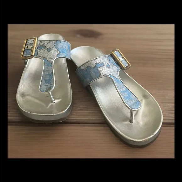 Prada Blue and Silver Brocade and Leather Sandals Size 35.5/5.5