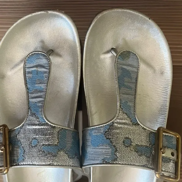 Prada Blue and Silver Brocade and Leather Sandals Size 35.5/5.5