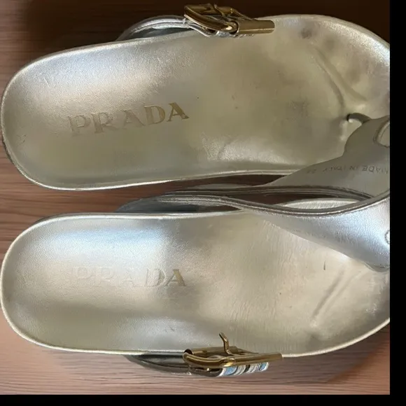 Prada Blue and Silver Brocade and Leather Sandals Size 35.5/5.5