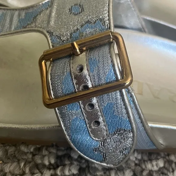 Prada Blue and Silver Brocade and Leather Sandals Size 35.5/5.5