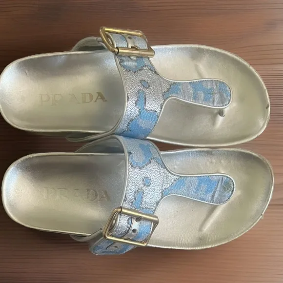 Prada Blue and Silver Brocade and Leather Sandals Size 35.5/5.5