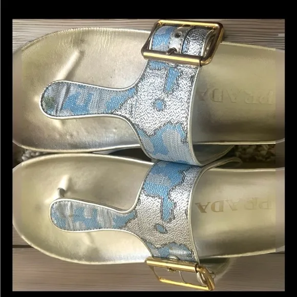 Prada Blue and Silver Brocade and Leather Sandals Size 35.5/5.5