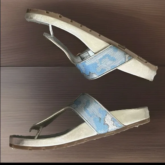 Prada Blue and Silver Brocade and Leather Sandals Size 35.5/5.5