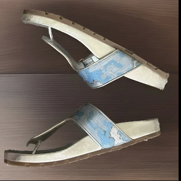 Prada Blue and Silver Brocade and Leather Sandals Size 35.5/5.5