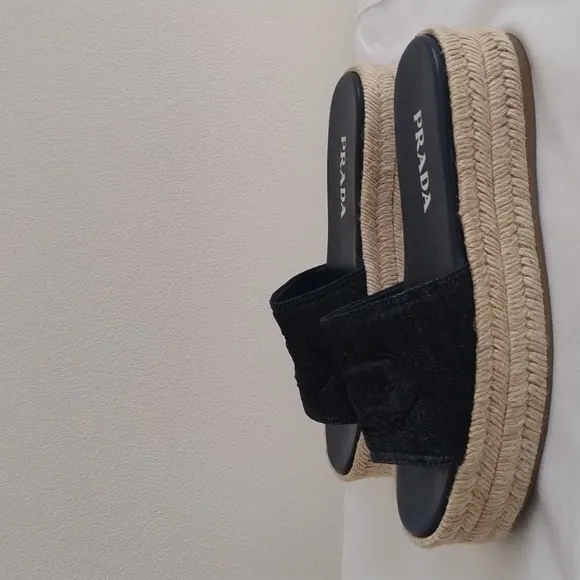 Prada Denim Embroidered Platform Espadrilles Sz 39 / US 8.5-9