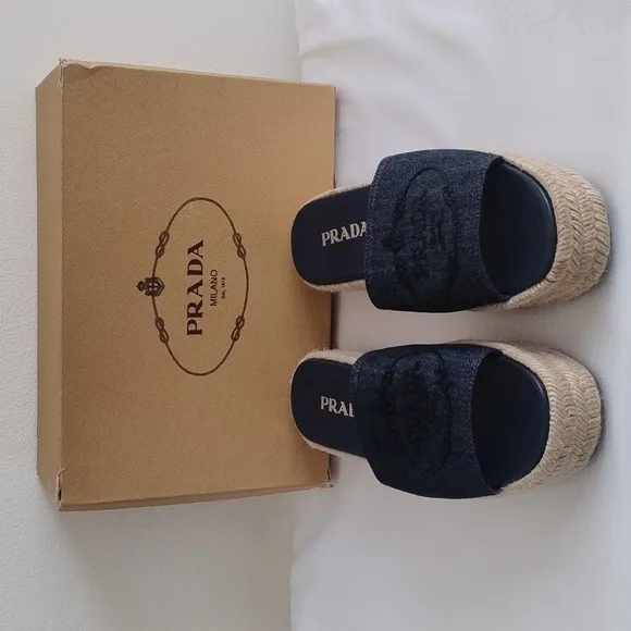 Prada Denim Embroidered Platform Espadrilles Sz 39 / US 8.5-9