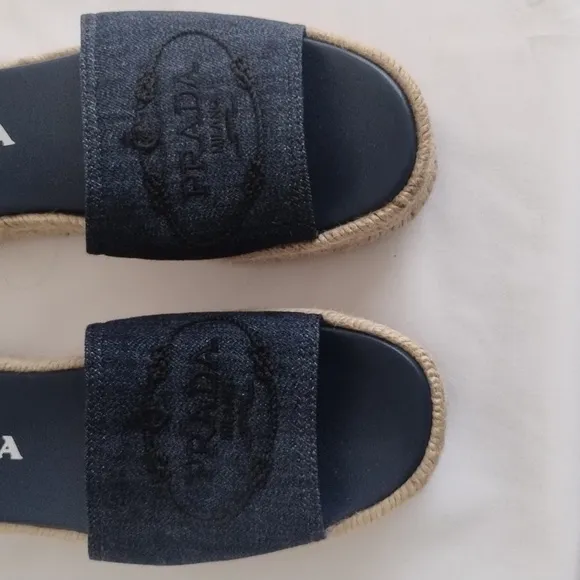 Prada Denim Embroidered Platform Espadrilles Sz 39 / US 8.5-9
