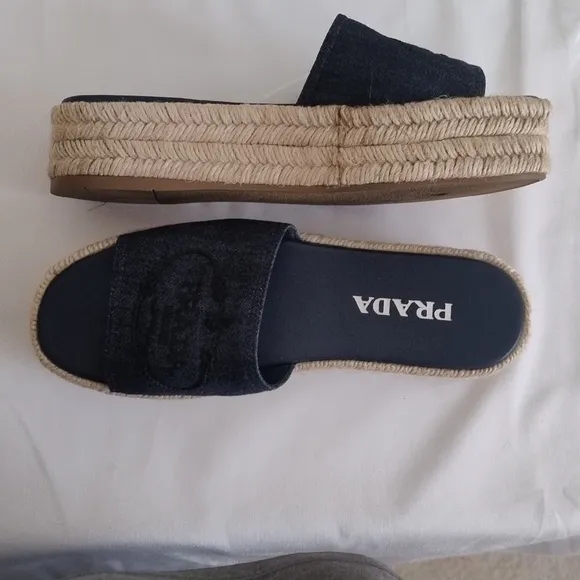 Prada Denim Embroidered Platform Espadrilles Sz 39 / US 8.5-9