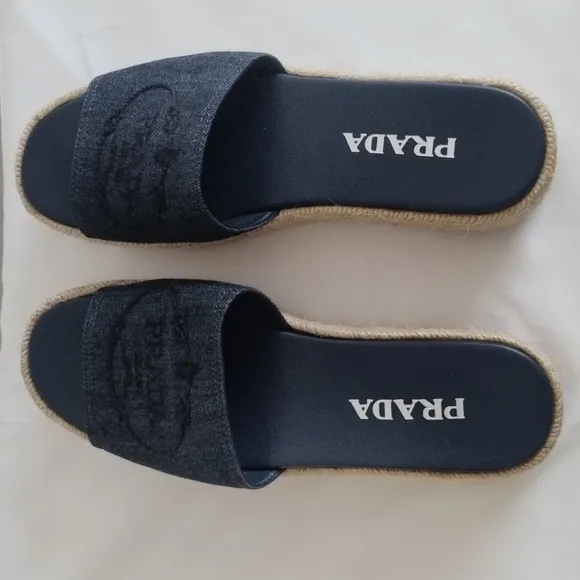 Prada Denim Embroidered Platform Espadrilles Sz 39 / US 8.5-9