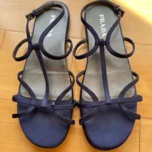 Prada Flat Sandals with Straps in Navy Blue Satin Sz 37.5
