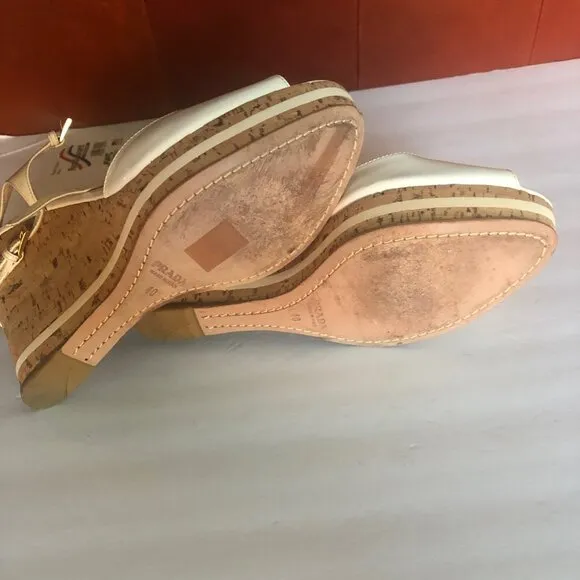 PRADA: Off-White Patent Leather Cork Wedge Sandals EU 40 / US 9 1/2