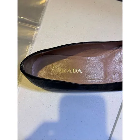 Prada Pointed Toe Buckle Black Leather Ballet Flats Size 38