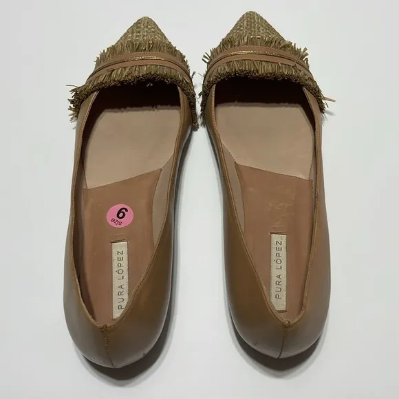 Pura Lopez beige ballet style flats - straw fringe accent -UK40 - Size 9