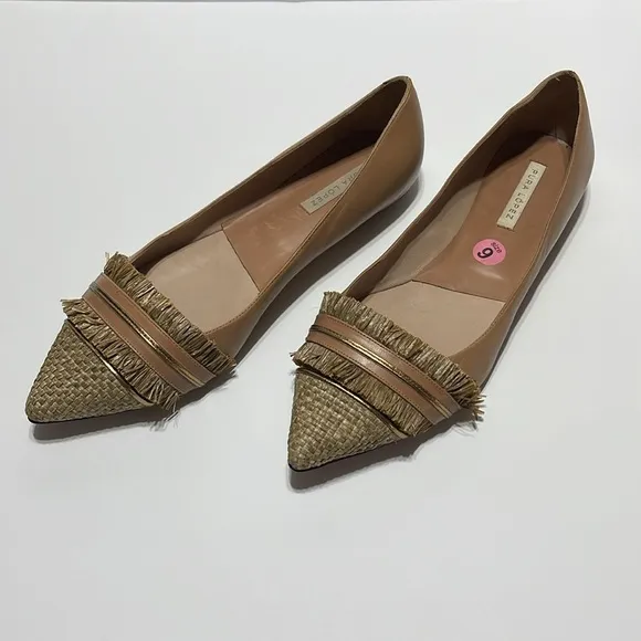 Pura Lopez beige ballet style flats - straw fringe accent -UK40 - Size 9