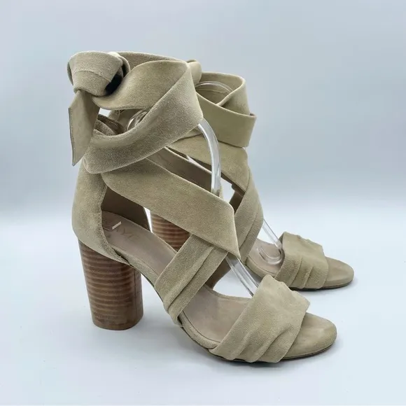 Revolve x RAYE Mia Heel Nude Nubuck Suede Strappy Wrap Wood Block Heel Beige 7.5