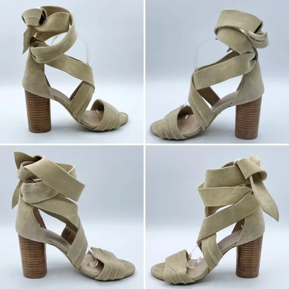 Revolve x RAYE Mia Heel Nude Nubuck Suede Strappy Wrap Wood Block Heel Beige 7.5