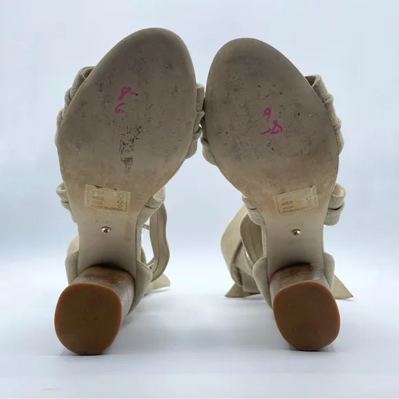 Revolve x RAYE Mia Heel Nude Nubuck Suede Strappy Wrap Wood Block Heel Beige 7.5