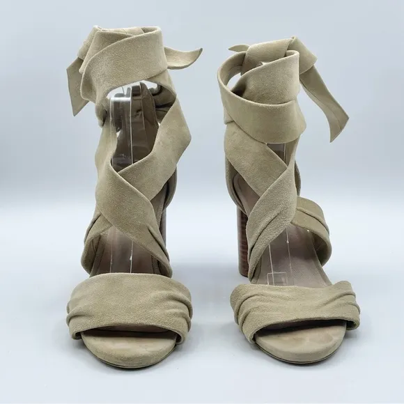 Revolve x RAYE Mia Heel Nude Nubuck Suede Strappy Wrap Wood Block Heel Beige 7.5