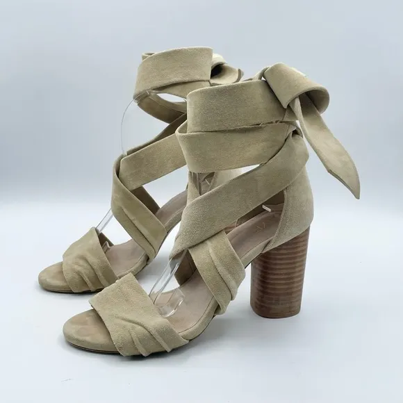 Revolve x RAYE Mia Heel Nude Nubuck Suede Strappy Wrap Wood Block Heel Beige 7.5