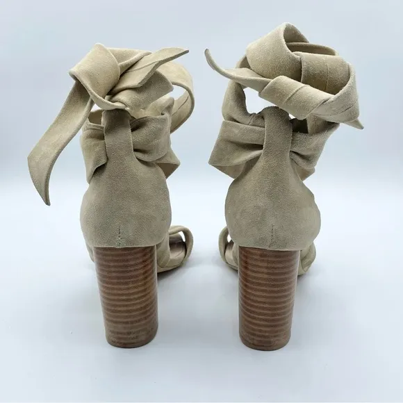 Revolve x RAYE Mia Heel Nude Nubuck Suede Strappy Wrap Wood Block Heel Beige 7.5