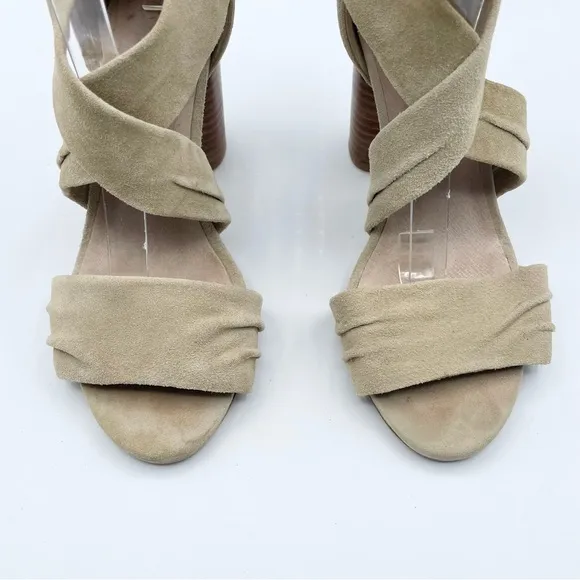 Revolve x RAYE Mia Heel Nude Nubuck Suede Strappy Wrap Wood Block Heel Beige 7.5