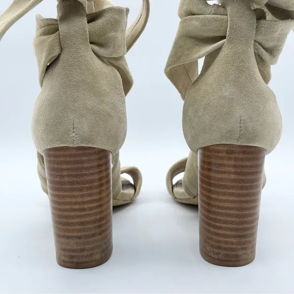Revolve x RAYE Mia Heel Nude Nubuck Suede Strappy Wrap Wood Block Heel Beige 7.5