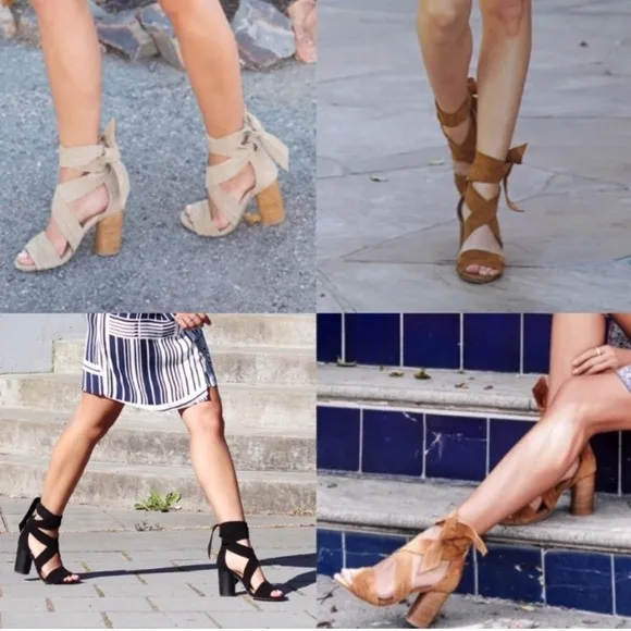 Revolve x RAYE Mia Heel Nude Nubuck Suede Strappy Wrap Wood Block Heel Beige 7.5