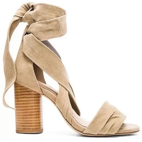 Revolve x RAYE Mia Heel Nude Nubuck Suede Strappy Wrap Wood Block Heel Beige 7.5