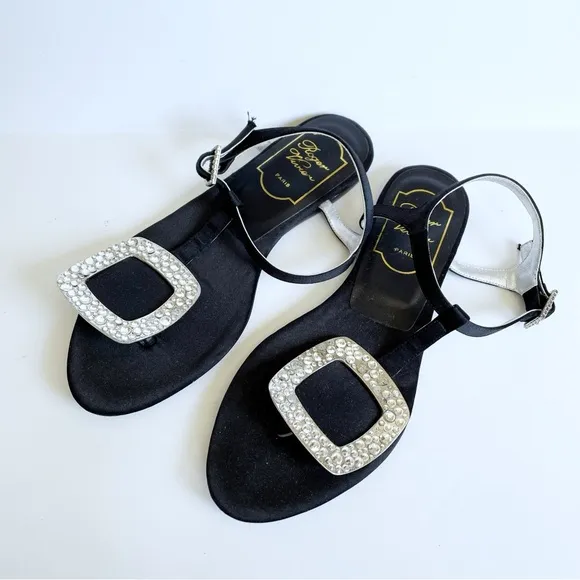 Roger Vivier Black Thong Swarovski Crystal Buckle Flat Satin Sandals Size 34