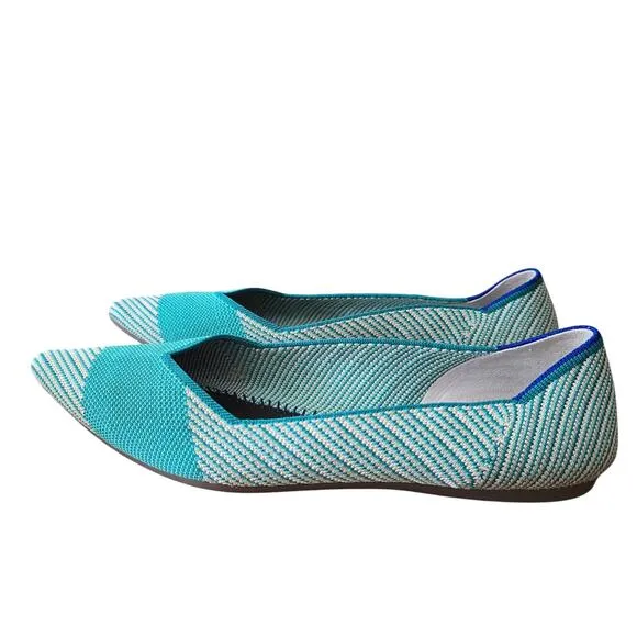 Rothy's Calypso Green The Point Flats Women's Teal Striped Eco-Friendly Size 9.5