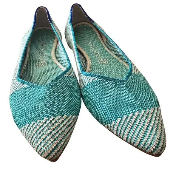 Rothy's Calypso Green The Point Flats Women's Teal Striped Eco-Friendly Size 9.5