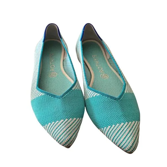 Rothy's Calypso Green The Point Flats Women's Teal Striped Eco-Friendly Size 9.5