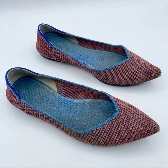 Rothy’s The Point Flat Tangerine Tripe Stitch Blue Orange Woven Ballet Retired 5