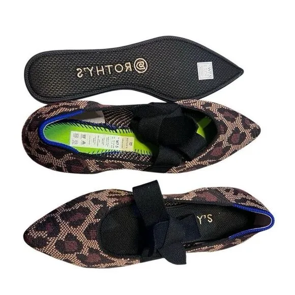Rothys Womens Pointed Toe Size 7.5  Big Cats Black Flats with Bow Animal Print