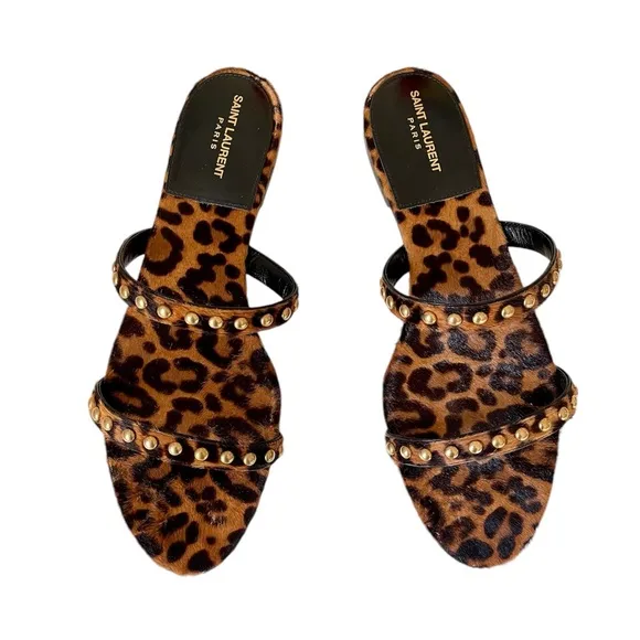 Saint Laurent Kiki Leopard Calf Hair Flat Sandals with Stud for Women Size 38