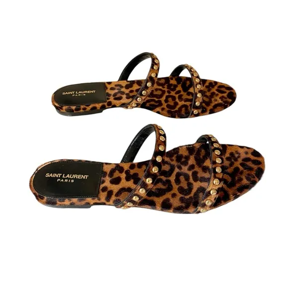 Saint Laurent Kiki Leopard Calf Hair Flat Sandals with Stud for Women Size 38
