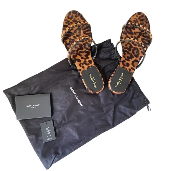 Saint Laurent Kiki Leopard Calf Hair Flat Sandals with Stud for Women Size 38