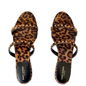 Saint Laurent Kiki Leopard Calf Hair Flat Sandals with Stud for Women Size 38