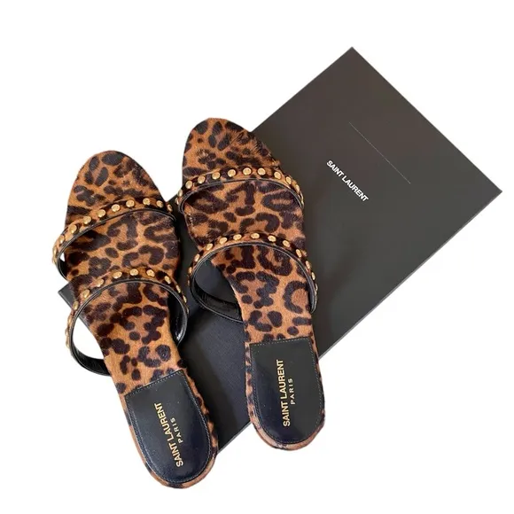Saint Laurent Kiki Leopard Calf Hair Flat Sandals with Stud for Women Size 38