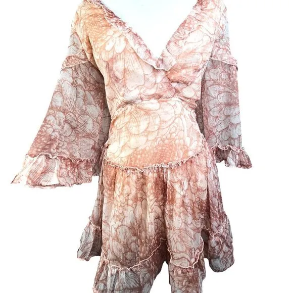Saints   Secrets Albany Sexy Back Faux Wrap Frill Dress Floral in White &amp; Nude