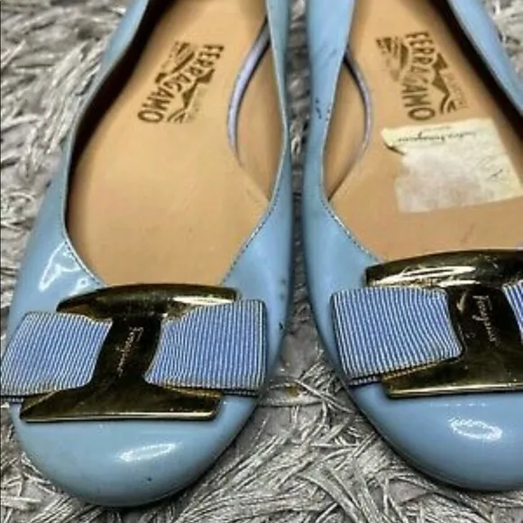 Salvatore Ferragamo Blue Patent Leather Ballet Flats