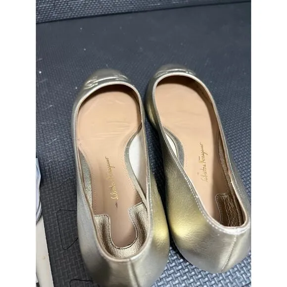 Salvatore Ferragamo - Gold Ballet Flats w/ Embossed Design Womens Flats Size 7.5