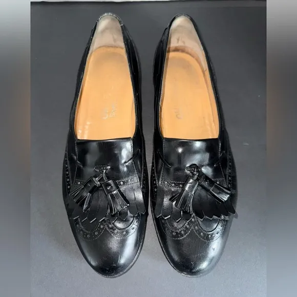 SALVATORE FERRAGAMO Kiltie Tassel Black Leather Loafers Dress Shoes US 10.5 D