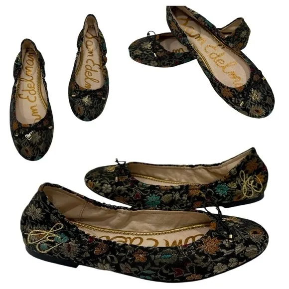 Sam Edelman Felicia Black Gold Brocade Ballet Flats Women's Size 7M Embroidery