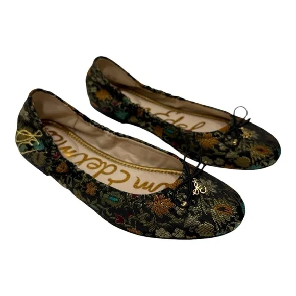Sam Edelman Felicia Black Gold Brocade Ballet Flats Women's Size 7M Embroidery