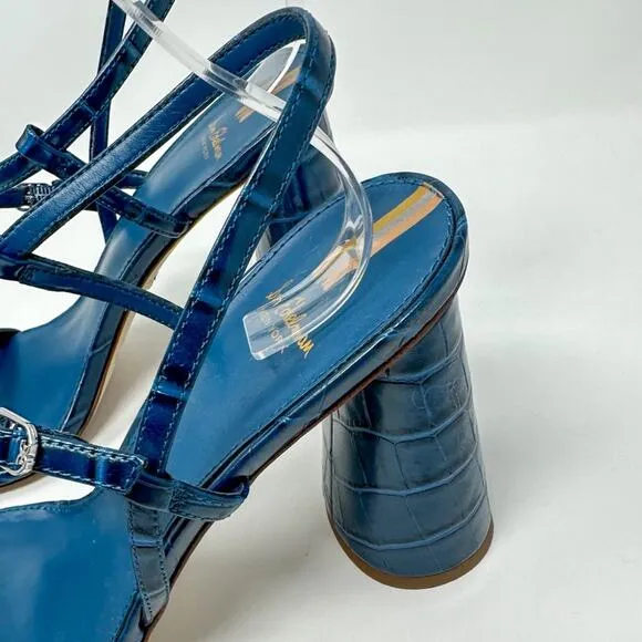 Sam Edelman Kit Blue Faux Leather Croc Embossed Block Heel Sandals, NEW, Size 9